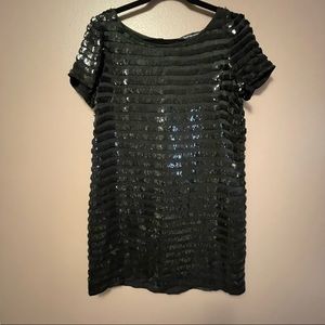 French Connection | Black Sequin Stripe Short Sleeve Mini Shift Dress | Size 8